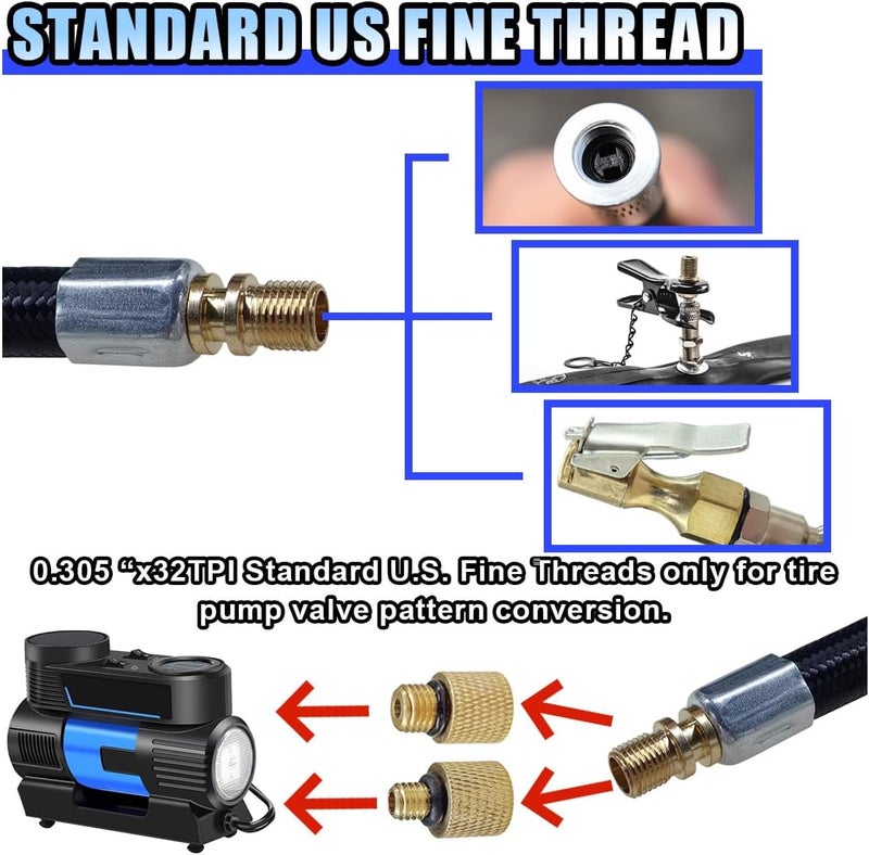 BDZMC Car Tire Inflator Hose Adapter, High-Pressure Air Compressor Hose, Lock-on Air Chuck Connector Extension Tube with Converting Nuts, Quick-Inflation Hose for Tire Pump - Image 4